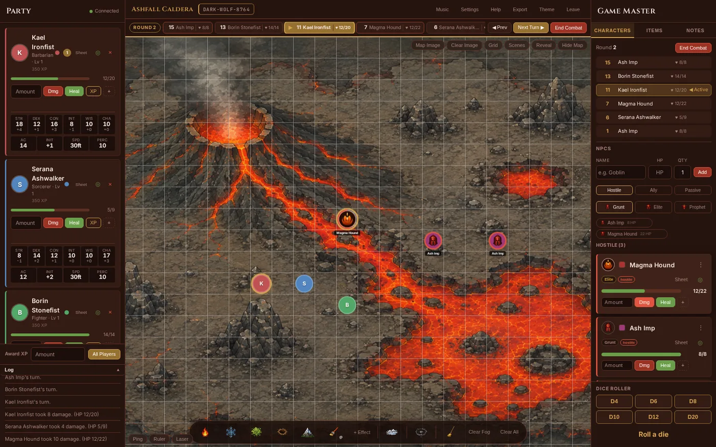 The GM's screen mid-combat on a volcanic battle map: initiative tracker, damaged HP bars, and hostile tokens closing in