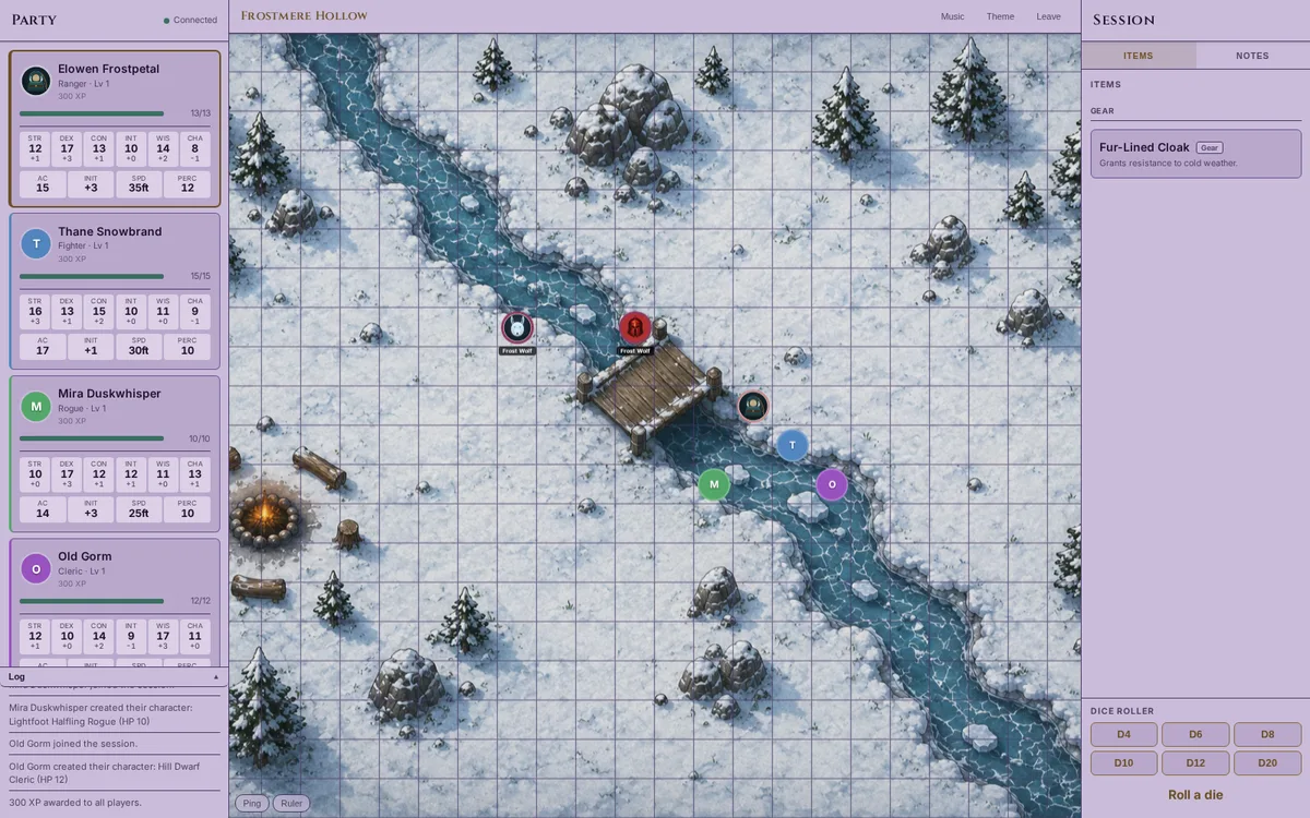 A player's own screen: their party's stats, an inventory item, and a shared snowy map, themed in a cool lavender palette