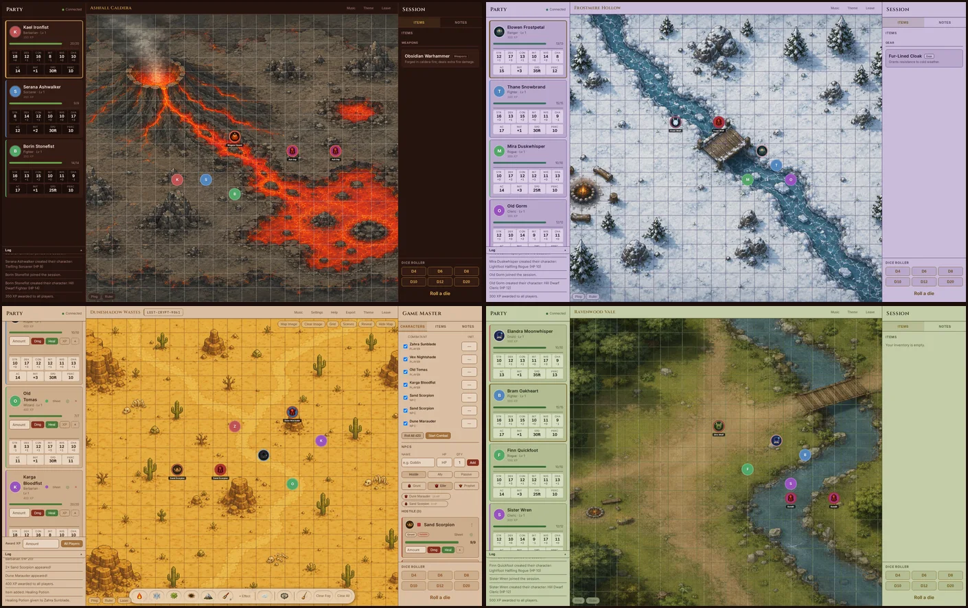 Four full sessions at a glance, each with its own map and theme — a volcano, a snowy river, a desert, and a forest camp